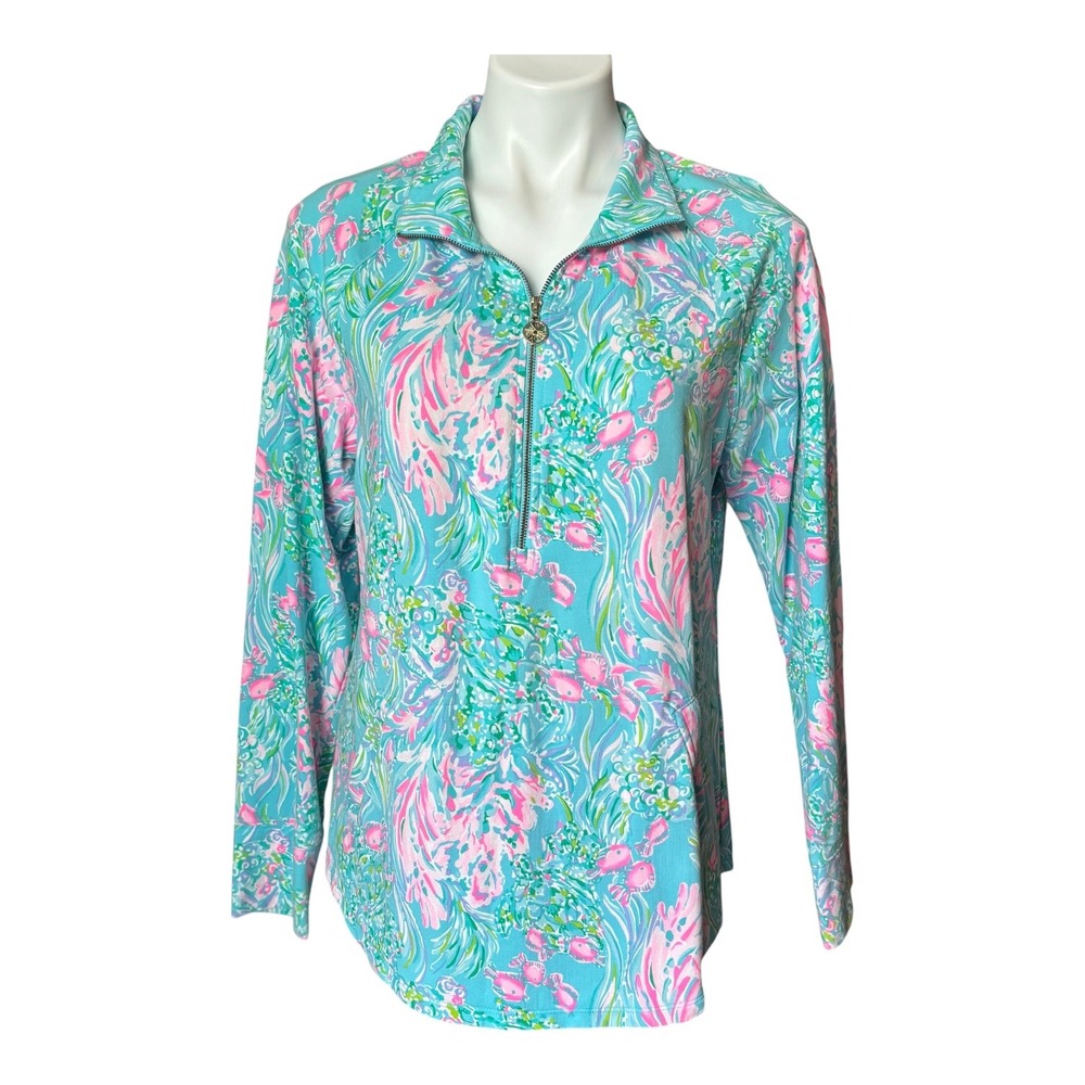 Lilly Pulitzer UPF 50+ Skipper Popover 1/4 Zip Pink Blue Long Sleeve Top Large